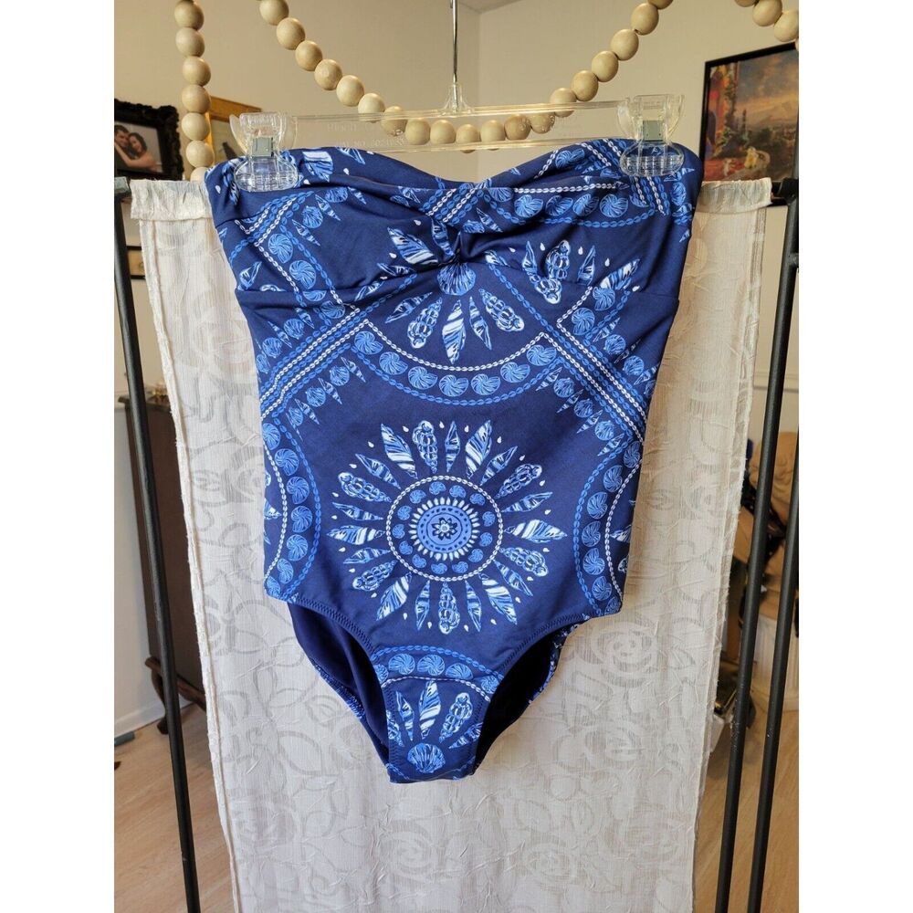 New womens xxs blue vineyard vines strapless one piece swimsuit scarf deep bay